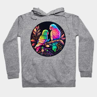 Trippy Neon Parrots Sitting on Branch Cartoon Hoodie